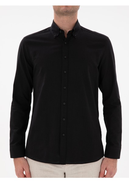 Erkek Siyah Regular Fit Düğmeli Yaka Pamuklu Gömlek 50311543-VR046