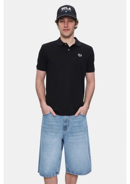 Lakes Siyah Polo Yaka Nakışlı Erkek Tshirt