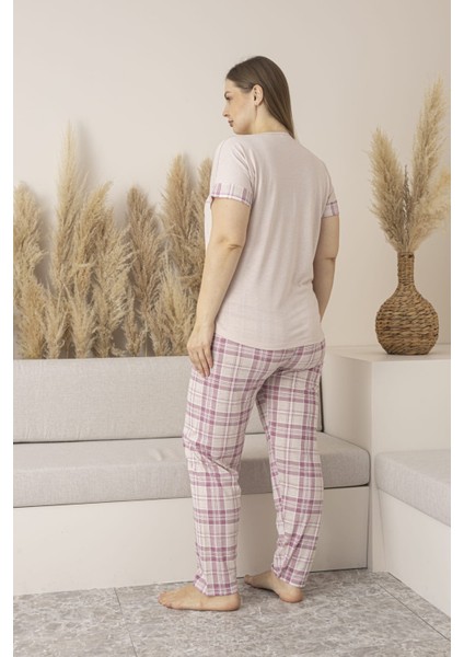 Kadın Viskon Kareli Desen Kısa Kol Pijama Takımı-Battal-Pembe