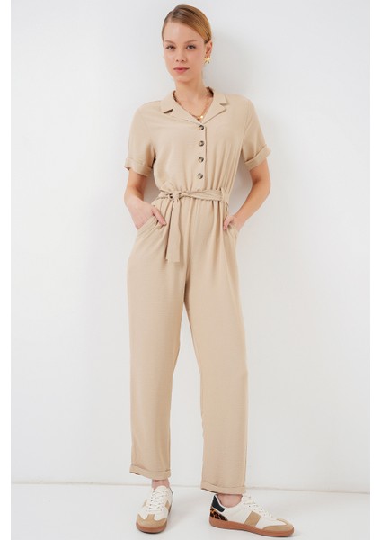 Kadın Kısa Kol Ayrobin Tulum 7030 - Krem