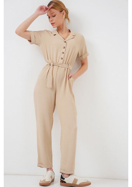 Kadın Kısa Kol Ayrobin Tulum 7030 - Krem fırsatları