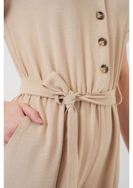 Kadın Kısa Kol Ayrobin Tulum 7030 - Krem indirimleri