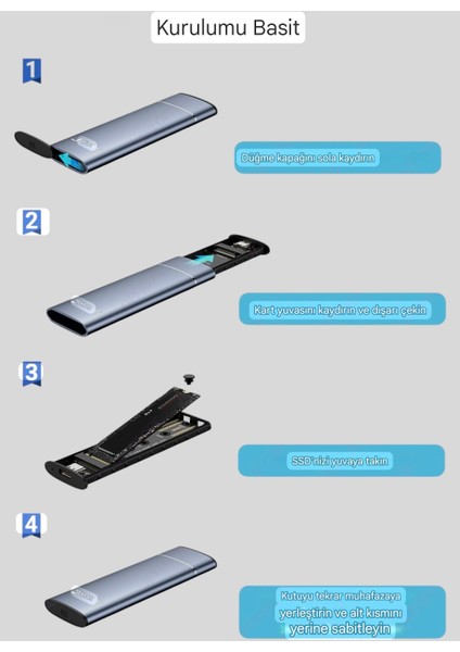 Jeyi M.2 Nvme SSD Muhafaza Kutusu 2230/2242/2260/2280 Uyumlu Alüminyum Alaşımlı 10GBPS Yüksek Hızlı Veri Aktarımı Metal Şık Dayanıklı Orjinal