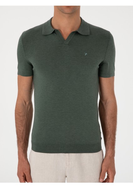 Erkek Koyu Yeşil Slim Fit Apaş Yaka Triko T-Shirt 50313020-VR079