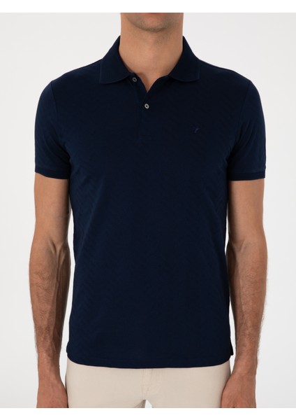 Erkek Lacivert Slim Fit Desenli Polo Yaka T-Shirt 50300721-VR033