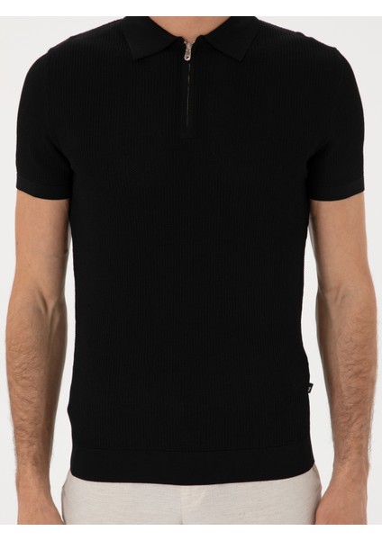 Erkek Siyah Slim Fit Fermuarlı Polo Yaka Triko T-Shirt 50300834-VR046