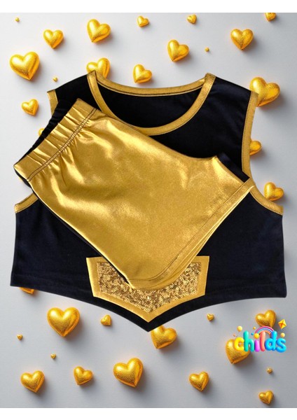 Ikili Takım Kız Çocuk Crop Pamuklu Üst Parlak Gold Lame Baskılı Kısa Şort modelleri