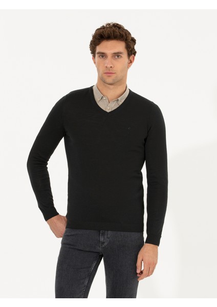 Erkek Siyah Slim Fit V Yaka Basic Triko Kazak 50211259-VR046 indirimleri