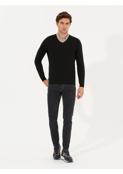 Erkek Siyah Slim Fit V Yaka Basic Triko Kazak 50211259-VR046