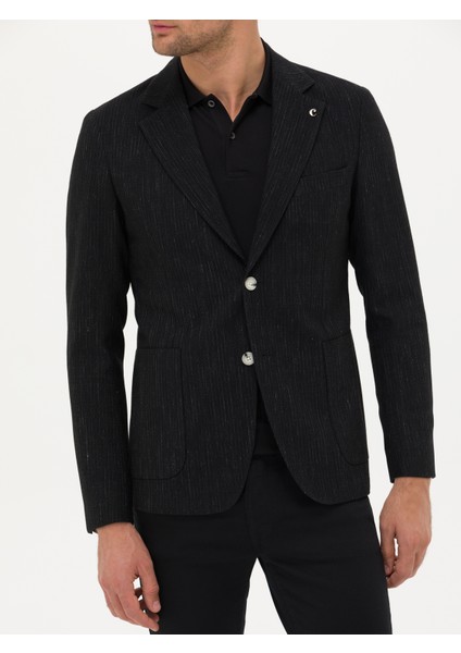 Erkek Siyah Slim Fit Yün Keten Karışımlı Ceket 50264776-VR046