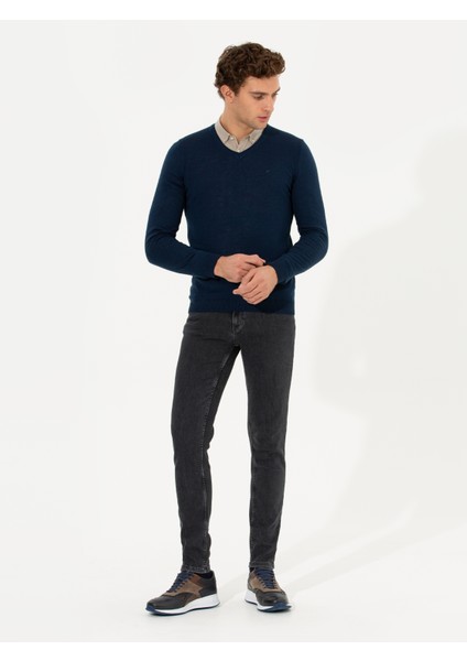 Erkek Lacivert Slim Fit V Yaka Basic Triko Kazak 50211259-VR033