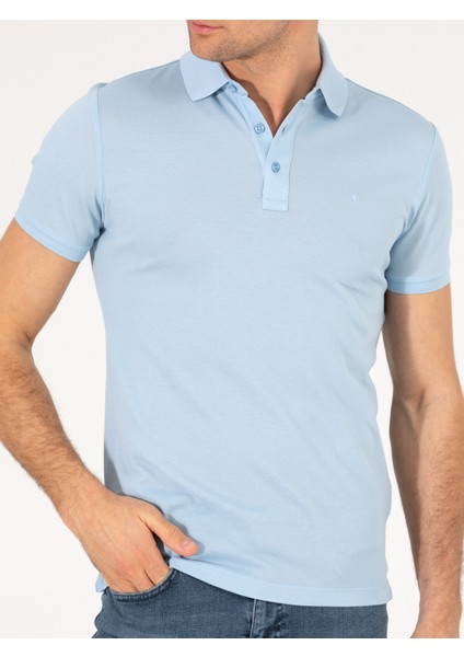 Erkek Buz Mavisi Polo Yaka Slim Fit Basic Merserize T-shirt 50265364-VR095