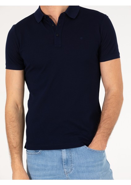 Erkek Lacivert Polo Yaka Slim Fit Basic Merserize T-shirt 50265364-VR033
