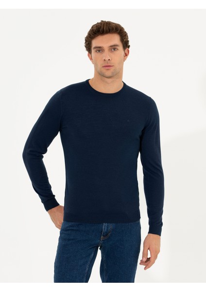 Erkek Lacivert Slim Fit Bisiklet Yaka Basic Triko Kazak 50211257-VR033