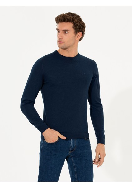 Erkek Lacivert Slim Fit Bisiklet Yaka Basic Triko Kazak 50211257-VR033