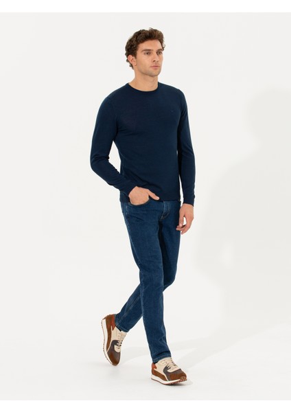 Erkek Lacivert Slim Fit Bisiklet Yaka Basic Triko Kazak 50211257-VR033