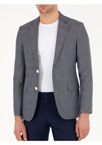 Erkek Lacivert Slim Fit Keten Karışımlı Ceket 50265204-VR033