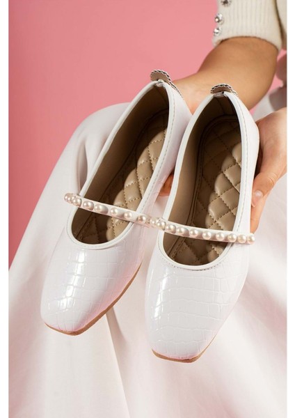 Kroko Desenli Inci Bant Aksesuarlı Babet - Pudra - 38