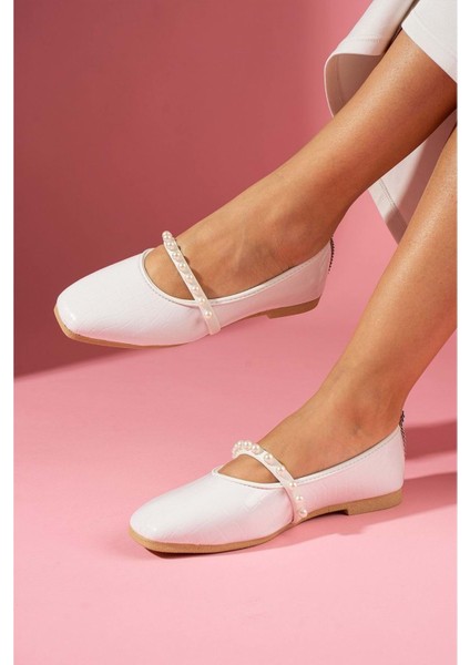 Kroko Desenli Inci Bant Aksesuarlı Babet - Pudra - 38 fiyatları