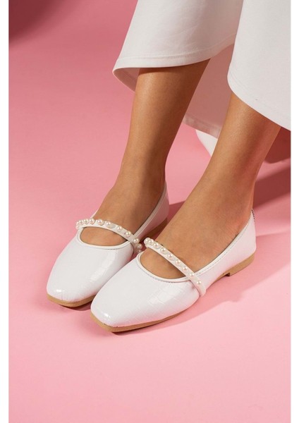 Kroko Desenli Inci Bant Aksesuarlı Babet - Pudra - 38 modelleri