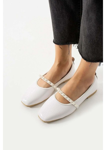 Kroko Desenli Inci Bant Aksesuarlı Babet - Pudra - 38 indirimleri