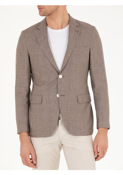 Erkek Kahverengi Slim Fit Keten Karışımlı Ceket 50265204-VR029