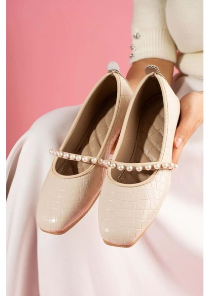 Kroko Desenli Inci Bant Aksesuarlı Babet - Pudra - 38 fiyatları