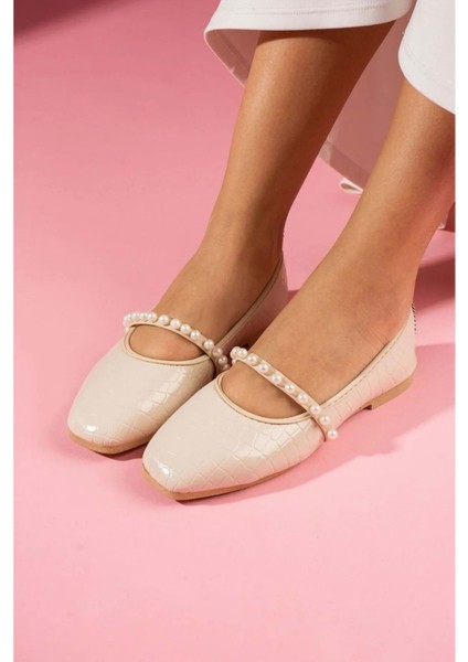 Kroko Desenli Inci Bant Aksesuarlı Babet - Pudra - 38 modelleri