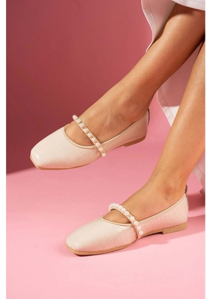 Kroko Desenli Inci Bant Aksesuarlı Babet - Pudra - 38 fırsatları