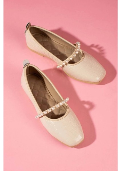 Kroko Desenli Inci Bant Aksesuarlı Babet - Pudra - 38 indirimleri