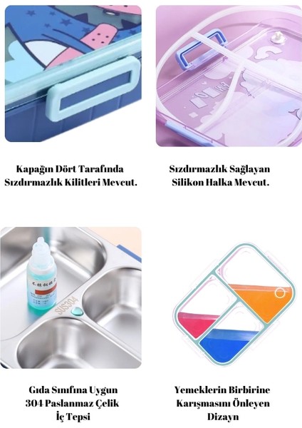 -Sevimli Hayvanlar Tek Katlı Üç Bölmeli Yeni Nesil Çocuk Beslenme Kutusu - Lunch Box 750 Ml.