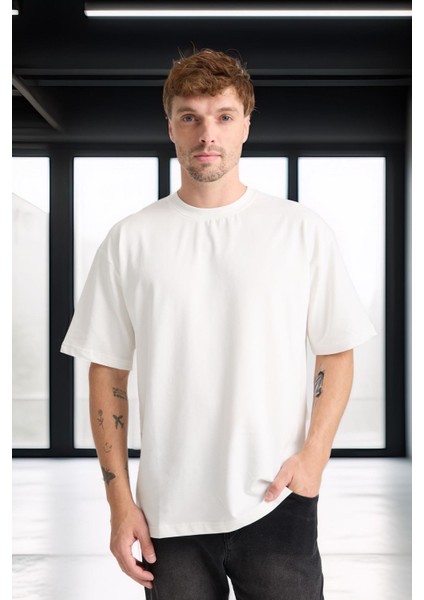 Iki Iplik Kumaş Pamuklu Bisiklet Yaka Basic Oversize Erkek T-Shirt - Ekru