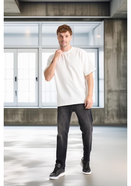 Iki Iplik Kumaş Pamuklu Bisiklet Yaka Basic Oversize Erkek T-Shirt - Ekru modelleri