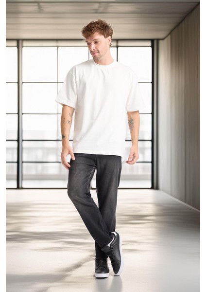 Iki Iplik Kumaş Pamuklu Bisiklet Yaka Basic Oversize Erkek T-Shirt - Ekru indirimleri