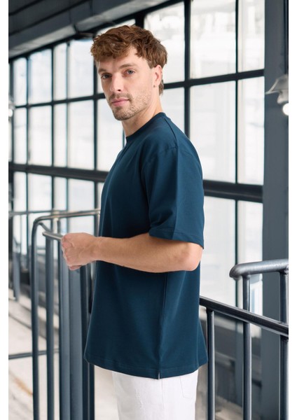 Iki Iplik Kumaş Pamuklu Bisiklet Yaka Basic Oversize Erkek T-Shirt - Prusya Mavisi
