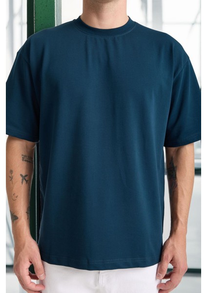 Iki Iplik Kumaş Pamuklu Bisiklet Yaka Basic Oversize Erkek T-Shirt - Prusya Mavisi