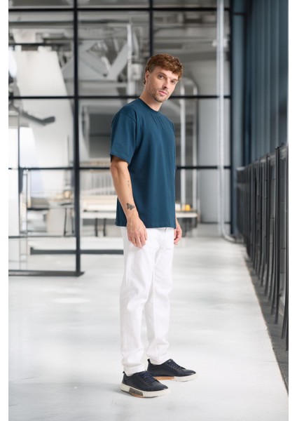 Iki Iplik Kumaş Pamuklu Bisiklet Yaka Basic Oversize Erkek T-Shirt - Prusya Mavisi