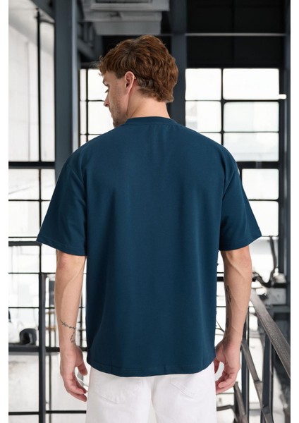 Iki Iplik Kumaş Pamuklu Bisiklet Yaka Basic Oversize Erkek T-Shirt - Prusya Mavisi
