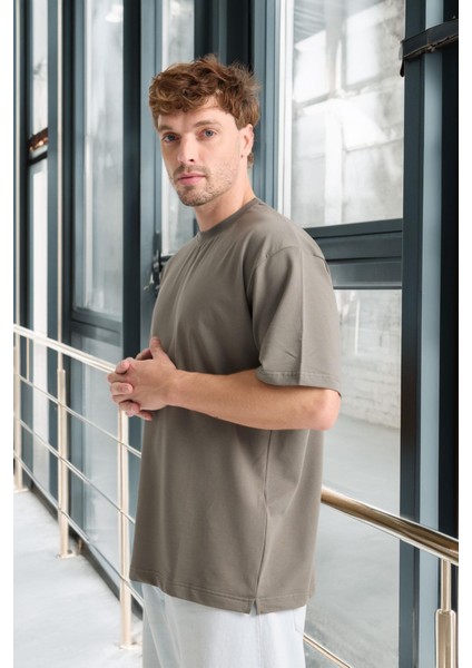 Iki Iplik Kumaş Pamuklu Bisiklet Yaka Basic Oversize Erkek T-Shirt - Kapari