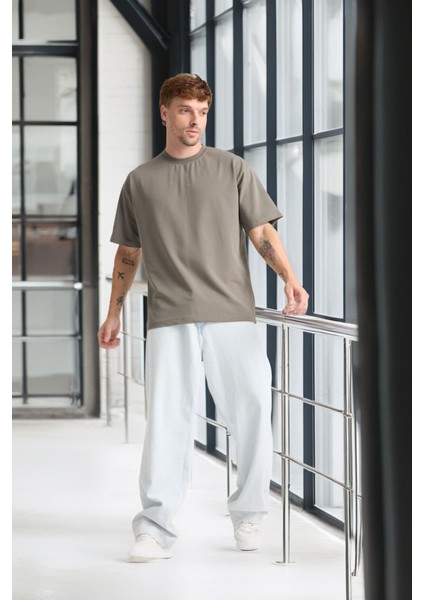 Iki Iplik Kumaş Pamuklu Bisiklet Yaka Basic Oversize Erkek T-Shirt - Kapari fırsatları