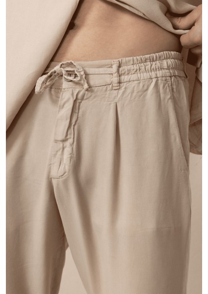 Bağcıklı & Fermuarlı Doğal Dokulu Pamuk Erkek Pantolon - Bej