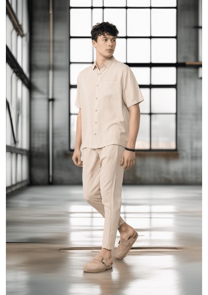 Bağcıklı & Fermuarlı Doğal Dokulu Pamuk Erkek Pantolon - Bej fiyatları