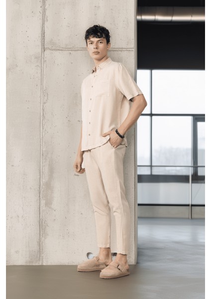 Bağcıklı & Fermuarlı Doğal Dokulu Pamuk Erkek Pantolon - Bej modelleri