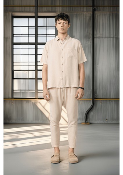 Bağcıklı & Fermuarlı Doğal Dokulu Pamuk Erkek Pantolon - Bej fırsatları