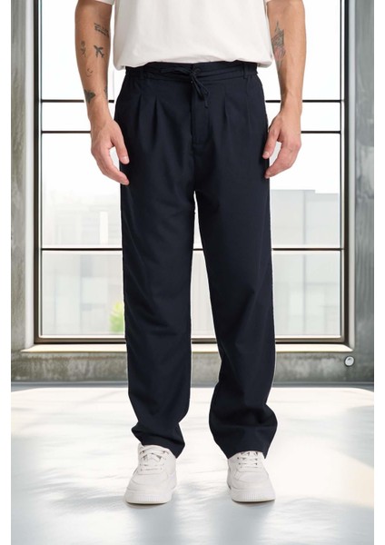 Önü Çift Pileli Fermuarlı Beli Lastikli Jogger Erkek Pantolon - Lacivert