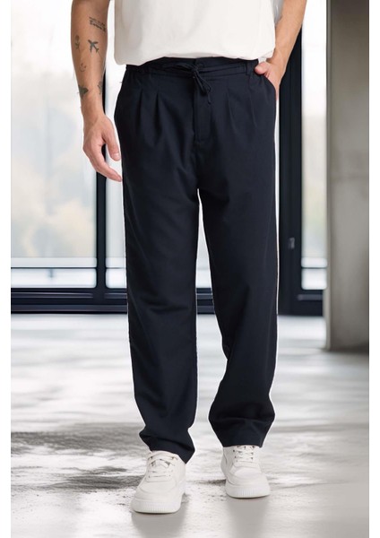 Önü Çift Pileli Fermuarlı Beli Lastikli Jogger Erkek Pantolon - Lacivert fırsatları