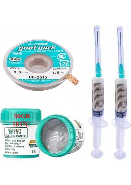 BST-506 Krem Lehim Sıvı Lehim Solder Paste 50GR /lehim Emme Temizleme Teli 3,5mm CP-3515