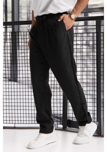 Önü Çift Pileli Fermuarlı Beli Lastikli Jogger Erkek Pantolon - Siyah