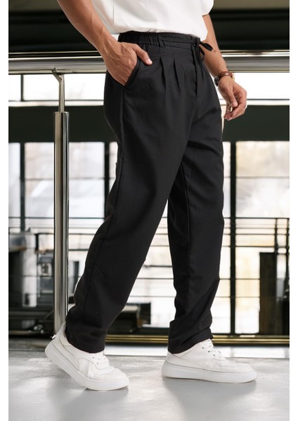 Önü Çift Pileli Fermuarlı Beli Lastikli Jogger Erkek Pantolon - Siyah