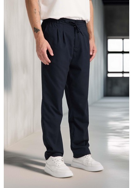 Önü Çift Pileli Fermuarlı Beli Lastikli Jogger Erkek Pantolon - Lacivert